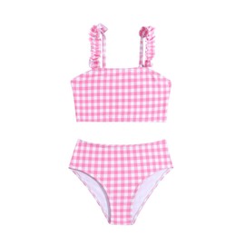 OYOANGLE Toddler Girl's 2 Piece Cute Plaid Swimsuit Ruffle Trim High Waisted Bikini Bathing Suits Beachwear Pink 4Y