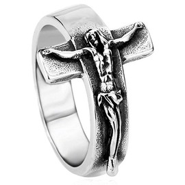JAJAFOOK Men's Vintage Stainless Steel Jesus Cross Band Crucifix Ring 9
