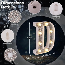 TEHIBIEN Marquee Light Up Letters, Glitter Silver LED Letter Lights Battery Powered Alphabet Letter Sign for Night Light Wedding Birthday Party Cafe Bar Decoration Girls Room Decor - Letter D