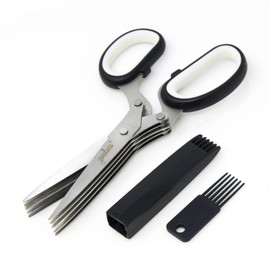 Jenaluca Herb Scissors with 5 Blades and Cover - Cool Kitchen Gadgets - Cutter, Chopper and Mincer - Sharp Heavy Duty Shears for Cutting, Shredding and Cooking Fresh Garden Herbs (Black)