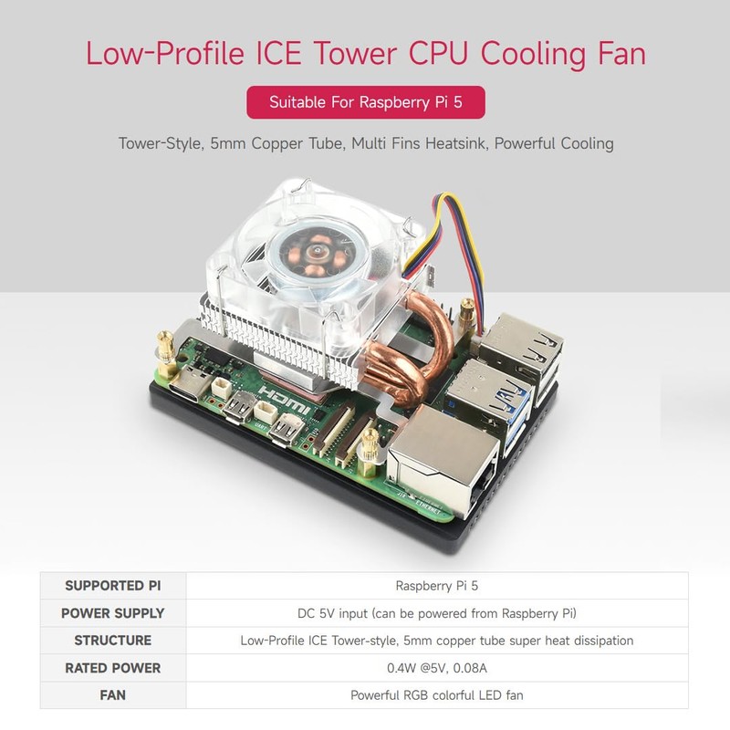 Waveshare Low-Profile ICE Tower CPU Cooling Fan, Compatible with Raspberry