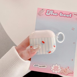 Cherry Bow Cute Case for Airpods 3 with Lock,Classy Chic Vintage Bowknot Ribbon Coquette Aeshteitc Retro Fruit Design Classy Blue Striped Girls Women Protective Cover for Airpod 3rd Gen