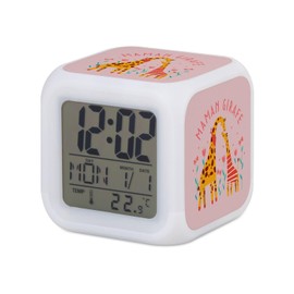 Fabulous Pink Cube Alarm Clock with Lighting - Sophie the Mum Giraffe Drawing - 7.8 x 7.8 x 7.8 cm - Retro Lighting Multicolour LED