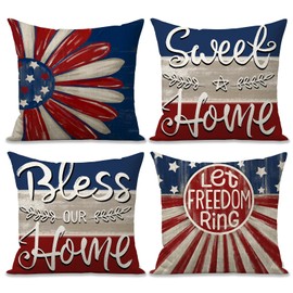 FUYUCHEN Independence Day Pillow Covers 18x18 Inch Let Freedom Ring America Stars Stripes Daisy USA Flag Patriotic 4th of July Memorial Day Throw Pillow Cases for Sofa Couch Decorations Set of 4