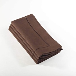 Fennco Styles Solid Color Vibrant Hemstitched Linen Blend Chocolate Dinner Napkins 20 x 20 Inch, Set of 4