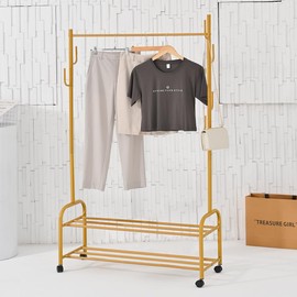 Vincidern Gold Clothing Rack with Wheels, Double Layer Shelf, Heavy Duty, 39.4W inches, for Clothes, Shoes, Bags