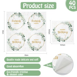 Sage Green Birthday Napkins, 40 PCS Eucalyptus Happy Birthday Napkins Serviettes for Kids Men Women Birthday Party Decorations Baby Shower Table Supplies