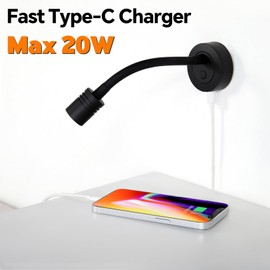 Obeaming 12 V Reading Lamp Caravan Boat Dimmable Bedside Lamp Gooseneck LED Wall Lamp for Van Truck Caravan, Built-in Type C Charger & Press Dimmer Switch 3200 K, 2 Pieces