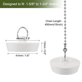 Sourcing Map 2 Pcs White Rubber Bathtub Stoppers, 1-5/8" to 1-3/4" Kitchen Sink Drain Stopper, Bathroom Drain Plug with Pull Ring and 15" Beaded Chain