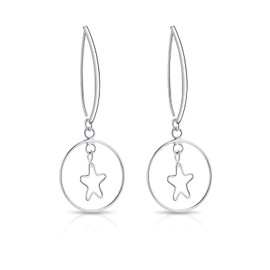 DTPSilver - 925 Sterling Silver Rodium Plated Dangling Earrings with Hoop and Star