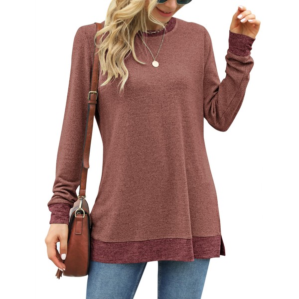 WNEEDU Women's Long-Sleeved T-Shirt Blouse Tops Sweatshirts Casual Round Neck, Coral Red