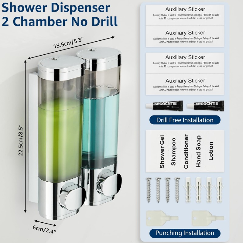 modunful Shower Dispenser 2 Chamber No Drill Shampoo Dispenser for