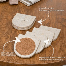 Ottimo Set of 6 Travertine Stone Coasters - Absorbent, Durable 4'' Toast Shape Coasters with Cork Back for Home Bar, Decor, Kitchen and Dining – Protect your Table and Desks from Drinks and Cup Stains
