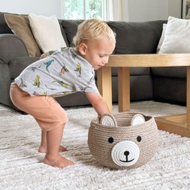 CherryNow Baby Basket for Nursery, Bear Gift Baskets for Kids, Baby Shower Basket with Handles, Small Cute Animal Baskets, Light Brown, 10.5"D x 8.5"H