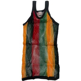 Pendeen Original English Mesh String Vest, Cotton Fishnet Tank Top, Black Red Green Gold Rasta Stripes, XL