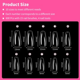 DOINEUFL American Nail Tips - 600 Pieces Nail Tips in 10 Sizes, 15 Nail Art Brushes, 4 Manicure Tools, Suitable for Nail Art Beginners, DIY Complete Manicure for Home