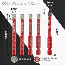 Dry Diamond Drill Bits Set - FOCSTOL 4pcs 6mm Diamond Hole Saw & 1pc 6mm Carbide Drill with Quick Change Hex Shank for Ceramic Porcelain Tile Marble Granite Quartz