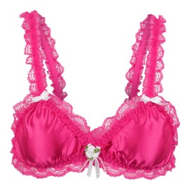 Satini Sissy Frilly Lace Fitted Satin Bralette (Hot Pink, XL)