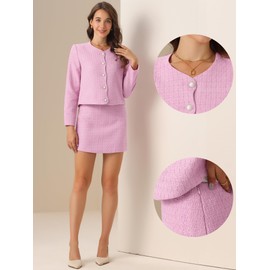 Allegra K Tweed Blazer Set for Women's Mothers Day Costumes Elegant Work 2 Piece Blazer Skirt Suit Pink S