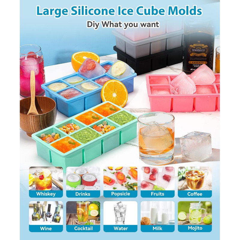 Large Ice Cube Tray 2 Pack, Lxndaser 2 Inch Silicone