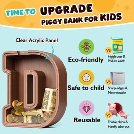 Summidate Wooden Letter Piggy Bank| 9.1''x 1.6'' Extra Thick Piggy Bank for Boys Girls Toddler| Alphabet Money Bank| Coin Bank Birthday Gift for Kids|Birthday Gift for Kids (D)