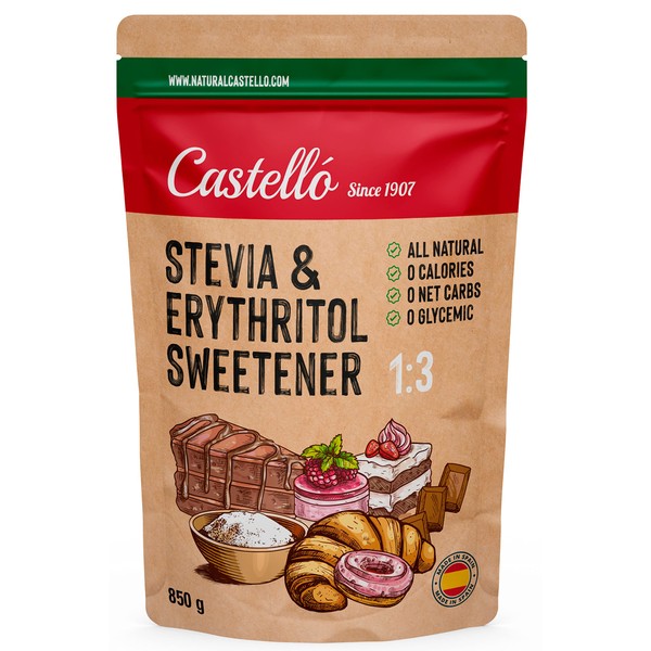 Stevia + Erythritol Sweetener 1:3 | 1g = 3g Sugar | 100% Natural Sugar Substitute - 0 Calories - 0 Glycemic Index - Keto and Paleo - 0 Carbohydrates - Non-GMO - Castello since 1900-850g