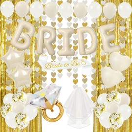 Acidea Bachelorette Party Decorations, Bride to be Bridal Shower Decorations with 40 Inch Bride Balloons, Sash, Veil and Foil Curtains Cream Stars Heart Balloons for Bachelorette Engagement Wedding