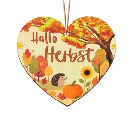 Autumn Decoration for Hanging, Hello Autumn Wooden Decoration Hanger, Autumn Decoration Colourful Painted Window Hanger, Wooden Heart Autumn Decoration Indoor and Outdoor with String for Hanging Fall