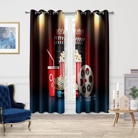 Jekeno Movie Theater Blackout Curtains, Home Cinema Print Decor Darkening Grommet Window Drapes for Bedroom Living Room, 52 Wide 63 Long inches 2 Panels