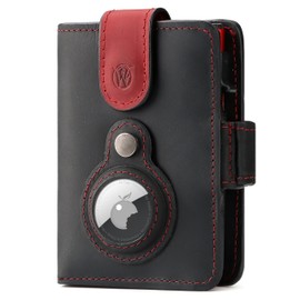 Will Fire® AirTag Wallet with Photo Capsule | Includes Airtag Pendant | Genuine Leather Wallet with Coin & Note Compartment | Extra Secured RFID Card Case | Space for up to (12) Cards, Black / red,