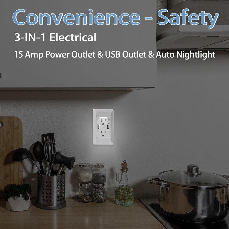 USB Outlet with Night Light, GreenCycle 15Amp Outlet Auto Sensor