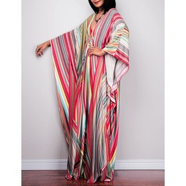 Bsubseach Women Rainbow Striped Bathing Suit Cover Ups Kaftan Batwing Sleeve Plus Size Beach Maxi Caftan Dresses