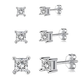 GULICX 3 Pairs Sliver Stud Earrings Set for Women Men Grils, Hypoallergenic Silver White Gold Plated Square Cubic Zirconia Simulated Diamond Unisex Cartilage Small Sleeper Studs Earrings, Size:2/3/4mm