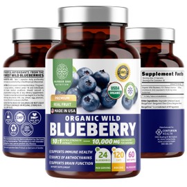 Number One Nutrition USDA Organic Wild Blueberry Extract 10:1 Concentrate, 10,000 MG per Serving Equivalent to 24 Whole Blueberries, Supports Immune Health, 120 Vegan Capsules
