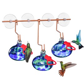 Pozfun Window Hummingbird Feeder with Suction Cups,Hand-Blown Glass Hummingbird Feeders for Outdoors Window Mounted with Metal Hook,Close Bird Watching,Finch in Garden,Yard(Dotted Blue)