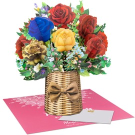 Rose Pop-Up Card | 3D Flower Bouquet with Bright Red Rose | Paper Woven Basket Design | for Birthdays, Mother's Day Anniversaries, or Just Because | Includes Envelope & Blank Notecard