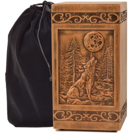 KIMNAG Wooden Cremation Urn for Human Wood Ashes Decorative Box Funeral Urns for Adult Male Female with Satin Bag Burial or Memorial Keepsake (Wolf (XL) 250lbs)
