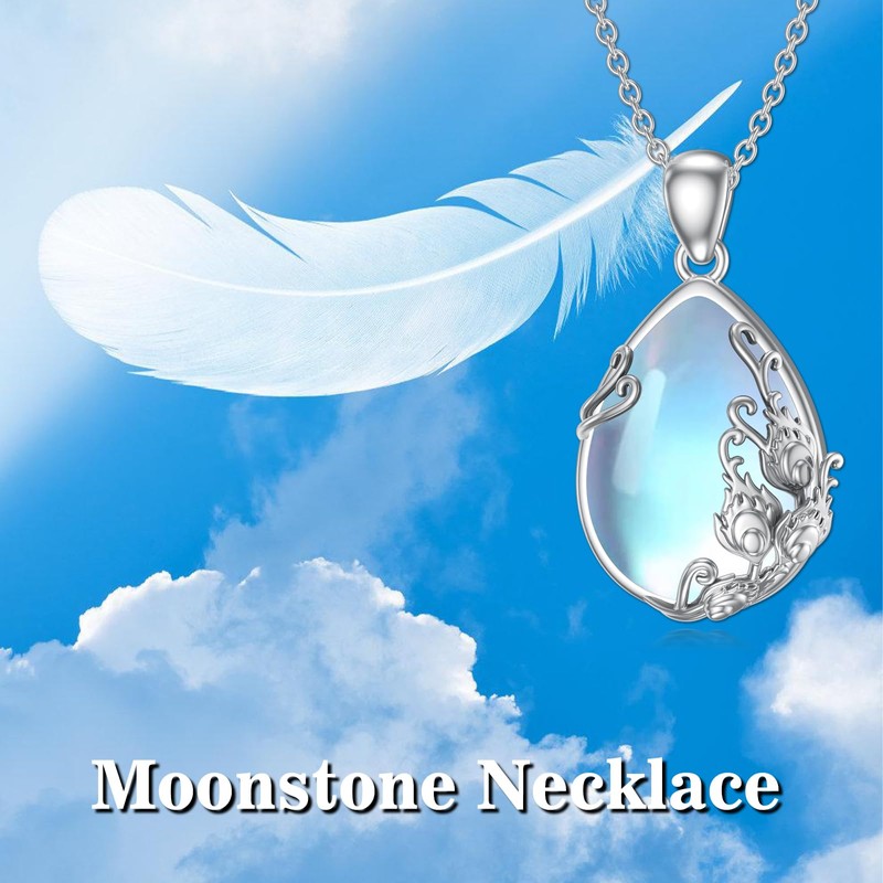 POPLYKE Moonstone Dragonfly/Phoenix Feather/Stingray/Hummingbird Necklace Sterling Silver Moonstone Teardrop Pendant