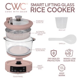 COOK WITH COLOR 3L Glass Mini Low Carb Rice Cooker – Holds 2 Cups Raw/Makes 6 Cups Cooked with Auto Lift Filter Basket, Hotpot & Steamer for Rice, Grains, Digital Panel with Keep Warm, Dusty Rose