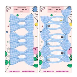 Basic Sense 12pcs Gingham Check Bow School Hair Set, Ribbon Snap Clips & Hair Elastics Ties for Girls School Uniform, Mid Blue