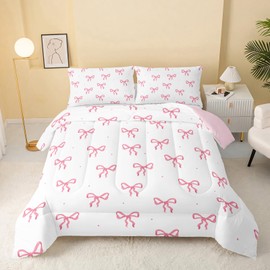 QOOMO 3Pcs Bow Comforter Set Queen,Pink Bow Bedding Set for Teens Boys Girls,Bowknot Printed Comforter with 2 Pillowcases,Down Alternative,Soft and Lightweight