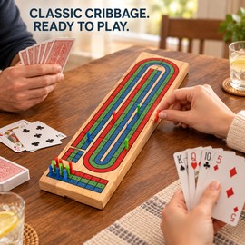 Wooden 3-Track Cribbage Board Game with 9 Pegs, Playing Cards and Foldable Storage Design