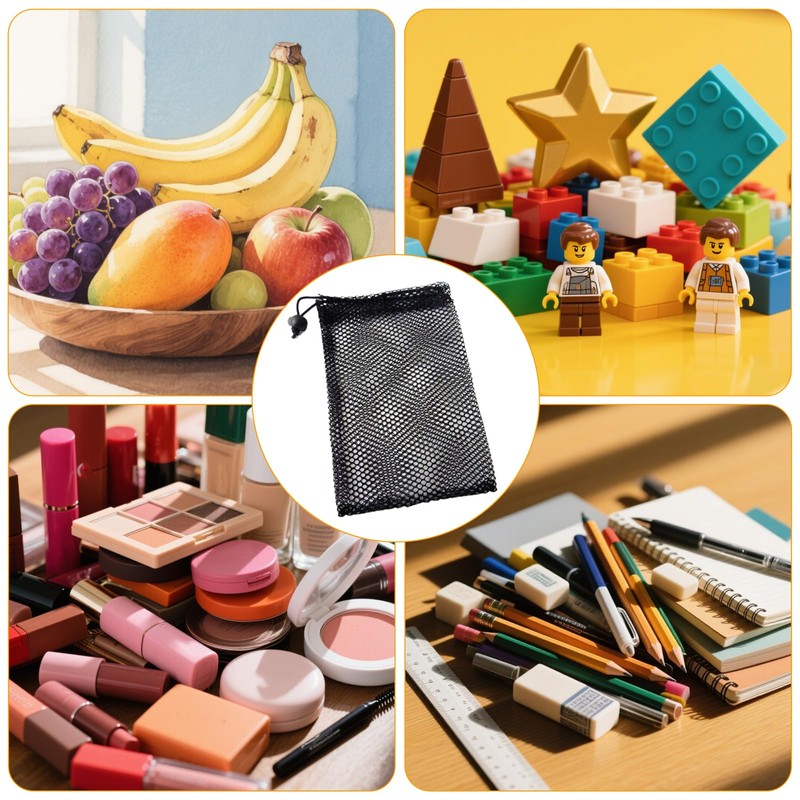 10PCS Compact Black Nylon Mesh Pouches with Drawstrings – 15x20cm