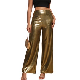 heipeiwa Women's Metallic Wide Leg Palazzo Pants Rib Pleated Smocked Waist Party Club Sequin Slacks Pant