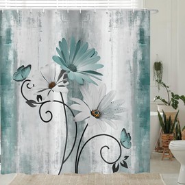 ASDCXZ Rustic Farmhouse Shower Curtain 180 x 200 cm, Vintage Farm Teal Daisy Flowers Butterfly Waterproof Bath Curtain Polyester Textile Washable Shower Curtains for Bath with 12 Hooks