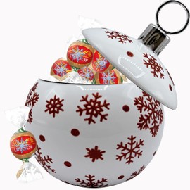 Christmas Chocolate Candy Filled Gift Box, Snowflake Ornament Glitter Ceramic Holiday Candy Dish with Red and Green Wrapped Oatmilk Non-Dairy Chocolate Truffles, Christmas Treat Basket Gift and Table Centerpiece Decor