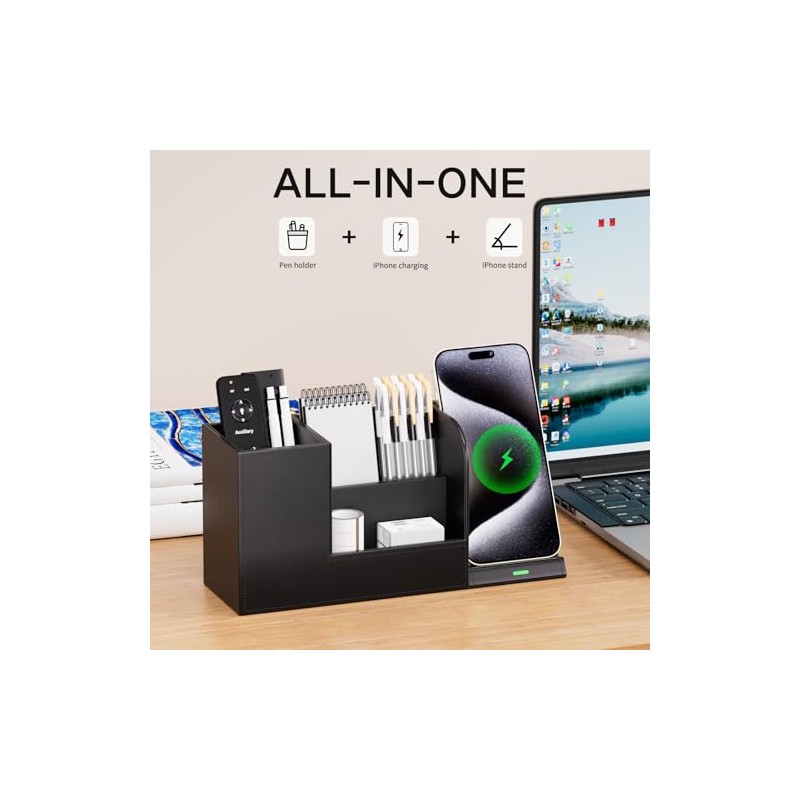 LADSTAG Vegan Leather Desk Organizer with Phone Stand