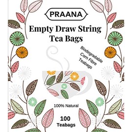 PRAANA Empty Drawstring Tea Bags - Biodegradable Corn Fibre Tea Bags - 100 Tea Bags
