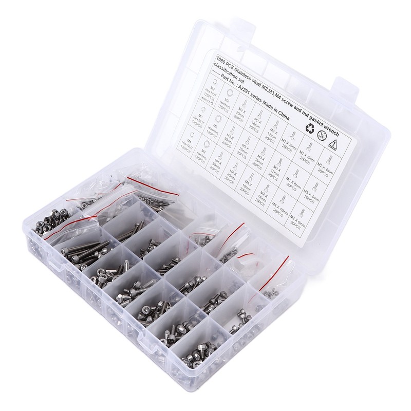 1080Pcs/Set M2 M3 M4 Screw Nut Gasket Kit Stainless Steel