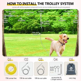 Professional Dog Runner Trolley System，Heavy Duty & Adjustable 75ft Dog Zip Line with 10ft & 15ft Tie Out for Large Dogs Up to 250lbs, Chew Proof Dog Run Cable for Yard, Camping & Outdoor Adventure